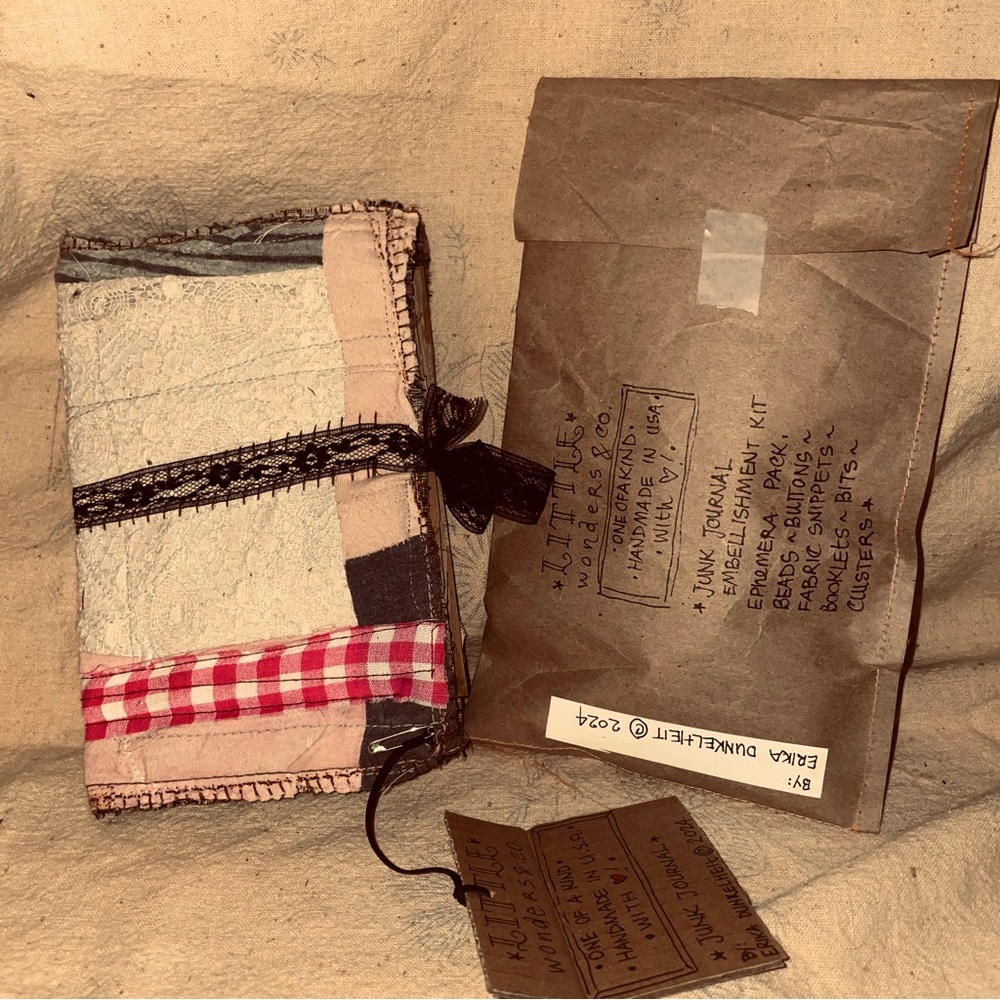 OOAK handmade undecorated junk journal vintage lace scrap fabric + Ephemera kit